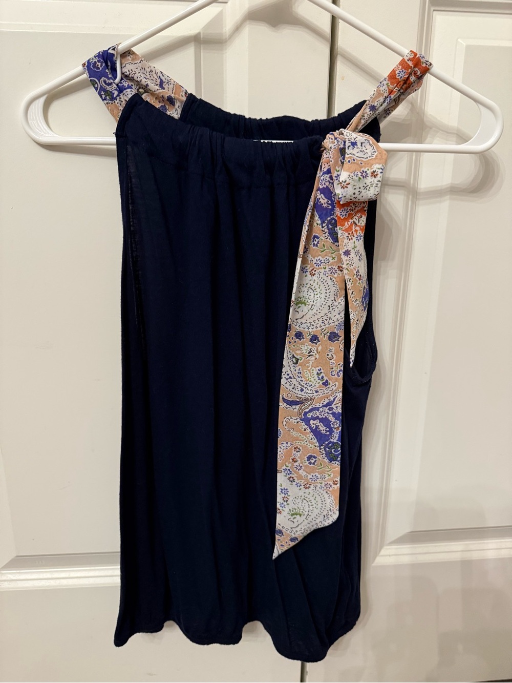 Anthropologie Deletta Navy Blue Tank with Paisley Tie Accent